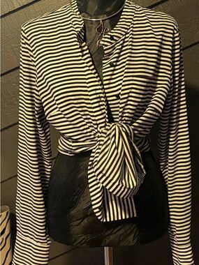 Calvin Klein Black & White Striped Tie-Front Blouse